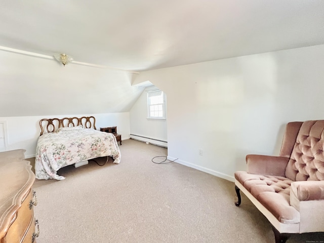 carpeted bedroom featuring a baseboard radiator and vaulted ceiling