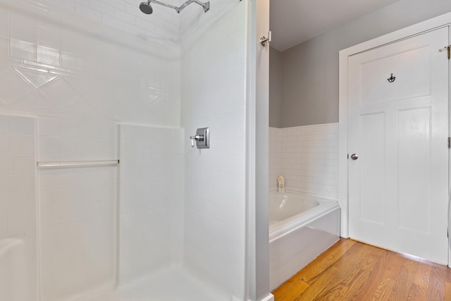 bathroom featuring plus walk in shower and wood-type flooring