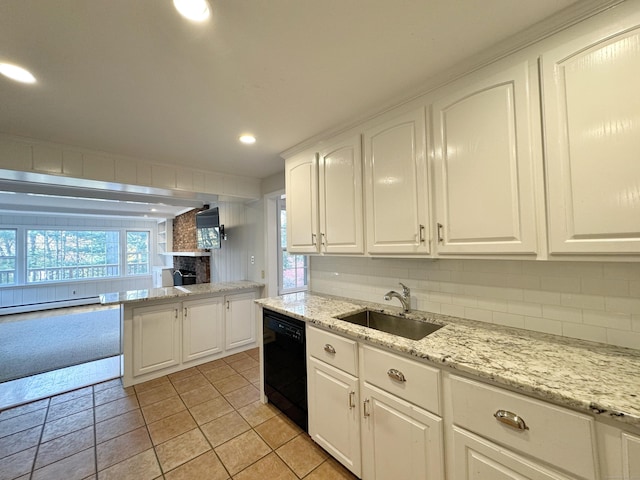 kitchen with decorative backsplash, black dishwasher, white cabinetry, and sink