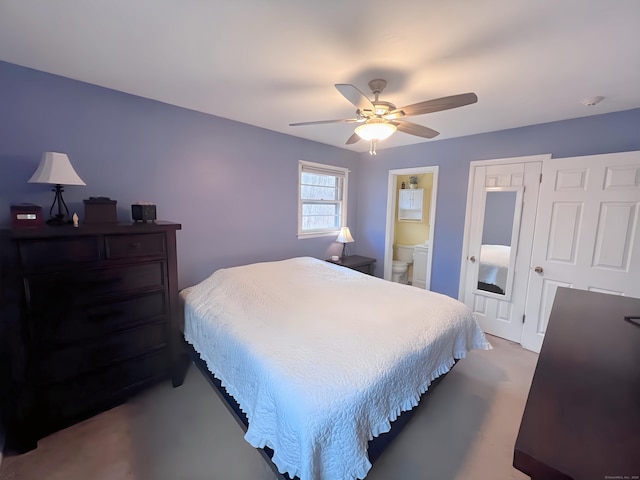 bedroom featuring connected bathroom and ceiling fan