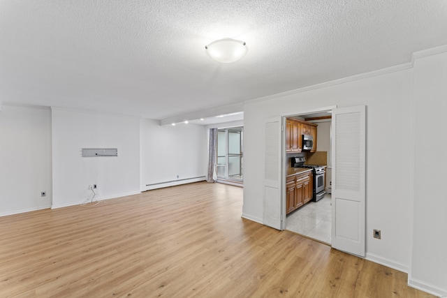 unfurnished living room featuring baseboard heating, crown molding, light hardwood / wood-style floors, and a textured ceiling