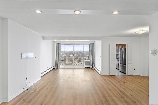 unfurnished living room featuring ornamental molding, light hardwood / wood-style floors, and a baseboard heating unit