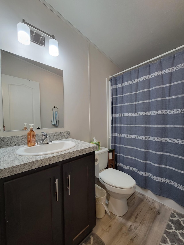 full bath with vanity, wood finished floors, and toilet