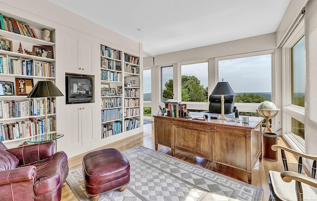 office area with built in shelves and light hardwood / wood-style flooring