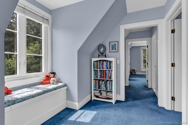 sitting room with dark colored carpet