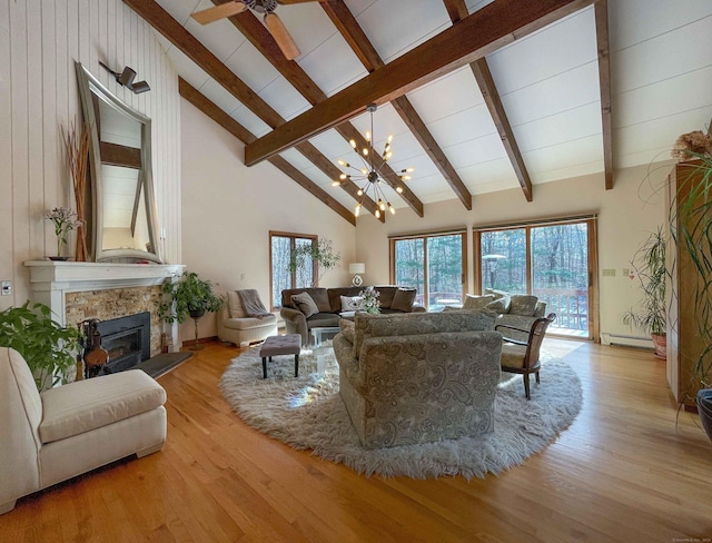 living room featuring baseboard heating, wooden walls, beam ceiling, high vaulted ceiling, and light hardwood / wood-style flooring