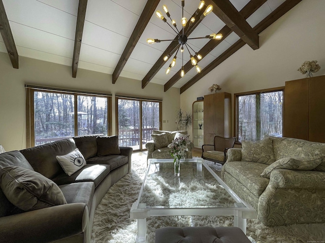 living room featuring beam ceiling, high vaulted ceiling, and a chandelier