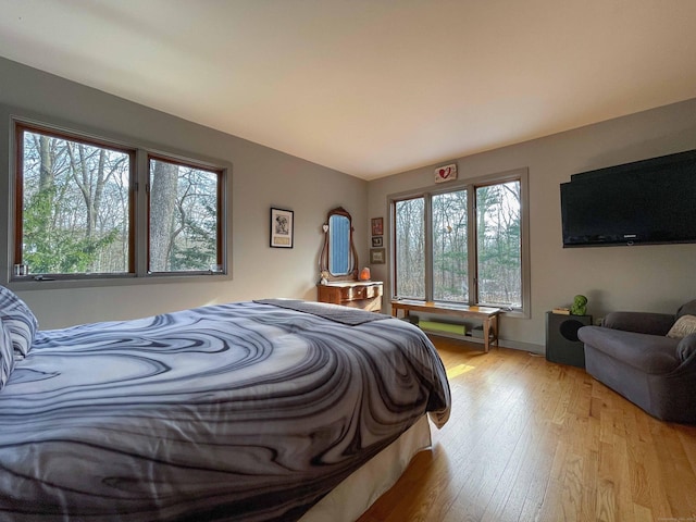 bedroom featuring light wood-type flooring and multiple windows