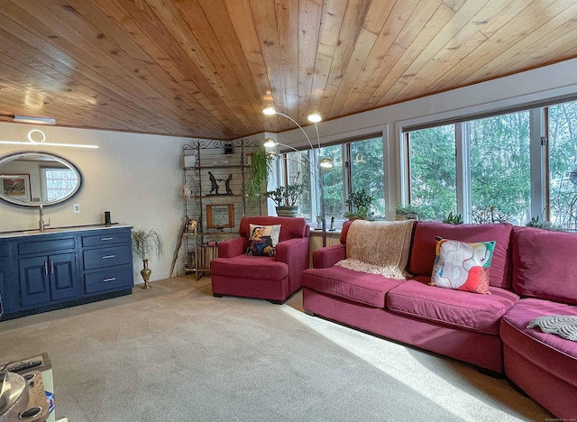 living room with lofted ceiling, light colored carpet, and wooden ceiling