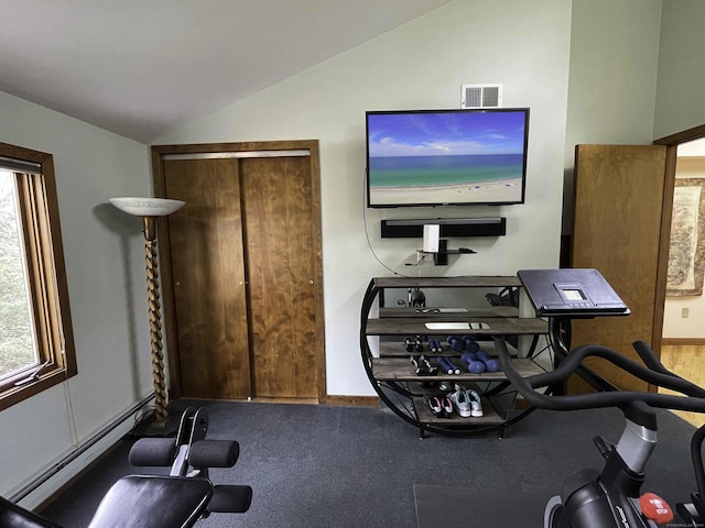 workout area featuring baseboard heating and vaulted ceiling