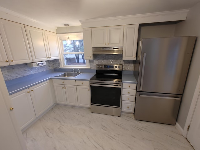 kitchen featuring white cabinetry, sink, decorative light fixtures, and appliances with stainless steel finishes