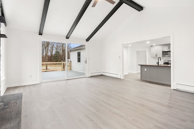 unfurnished living room with beam ceiling, ceiling fan, baseboard heating, high vaulted ceiling, and light hardwood / wood-style floors