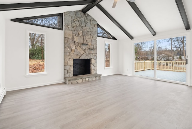 unfurnished living room with high vaulted ceiling, ceiling fan, a fireplace, beamed ceiling, and wood-type flooring