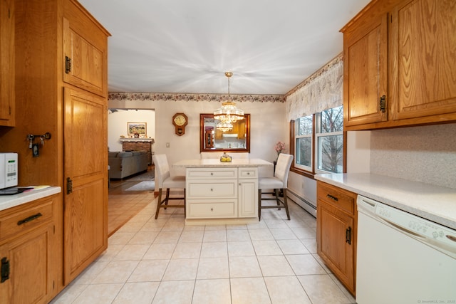 kitchen featuring pendant lighting, a breakfast bar, white appliances, light tile patterned floors, and a baseboard radiator