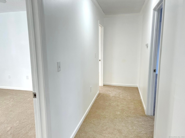 corridor featuring light carpet and ornamental molding