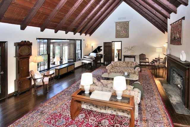 living room featuring french doors, wood ceiling, dark wood-type flooring, high vaulted ceiling, and beamed ceiling