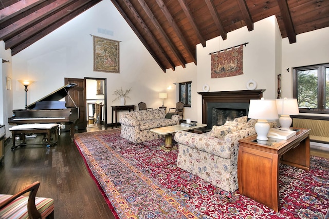 living room with radiator, wood ceiling, beam ceiling, high vaulted ceiling, and hardwood / wood-style floors