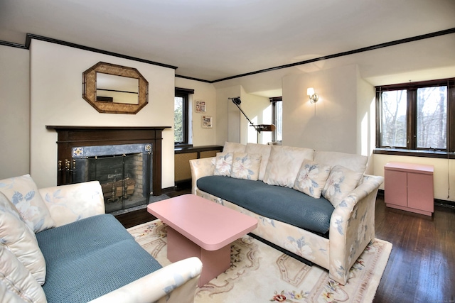 living room featuring a premium fireplace, dark wood-type flooring, and a wealth of natural light