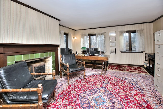 living room featuring crown molding