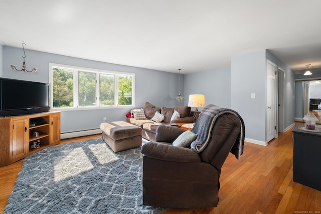 living room featuring wood-type flooring and a baseboard heating unit