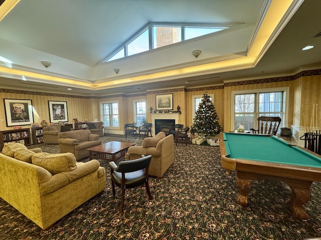 playroom featuring a tray ceiling, crown molding, lofted ceiling, and pool table