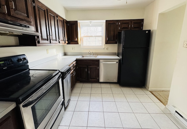 kitchen with dark brown cabinets, light tile patterned floors, and black appliances