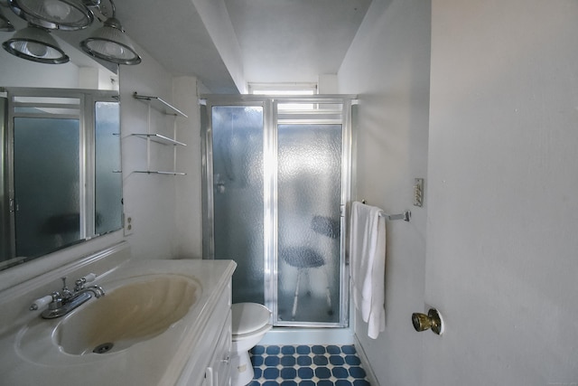 bathroom with vanity, a shower with shower door, and toilet