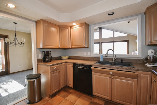 kitchen with sink, dishwasher, an inviting chandelier, vaulted ceiling, and light tile patterned floors