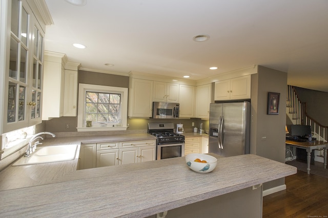 kitchen with dark hardwood / wood-style floors, sink, kitchen peninsula, and stainless steel appliances