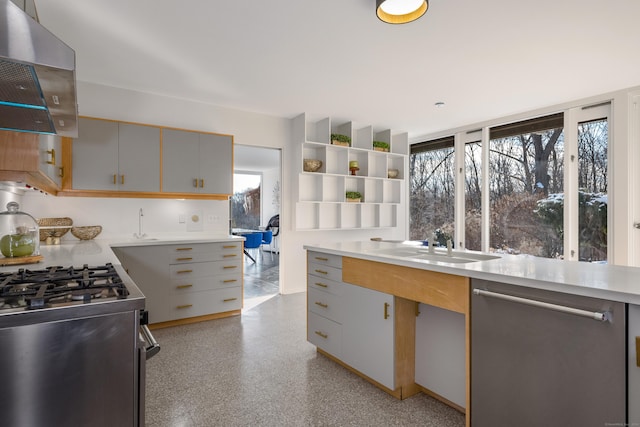 kitchen with appliances with stainless steel finishes, ventilation hood, sink, gray cabinets, and pool table