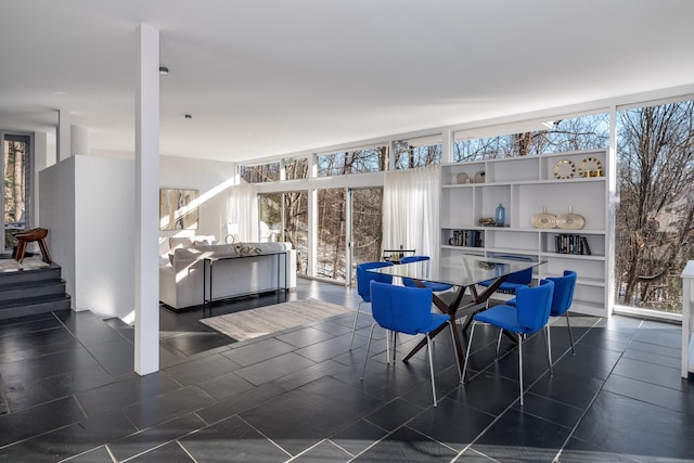 dining space featuring built in shelves and floor to ceiling windows