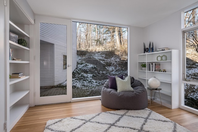 living area featuring hardwood / wood-style flooring and a healthy amount of sunlight