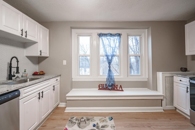 kitchen featuring white cabinets, dishwasher, and sink