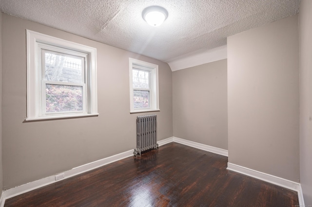 interior space featuring lofted ceiling, a textured ceiling, radiator, and dark wood-type flooring