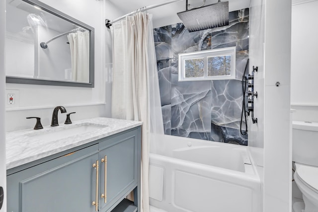 full bathroom featuring toilet, vanity, and shower / tub combo with curtain