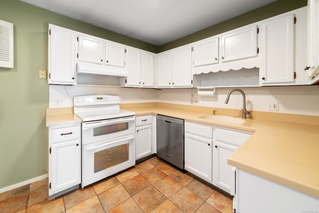 kitchen with white range with electric stovetop, dishwasher, white cabinets, and sink