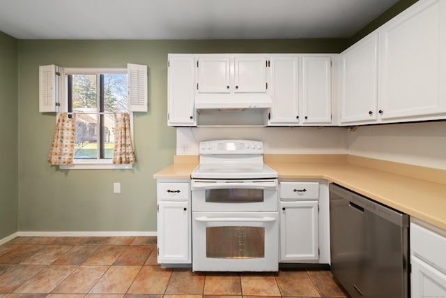 kitchen featuring white cabinetry, electric range, light tile patterned floors, and stainless steel dishwasher