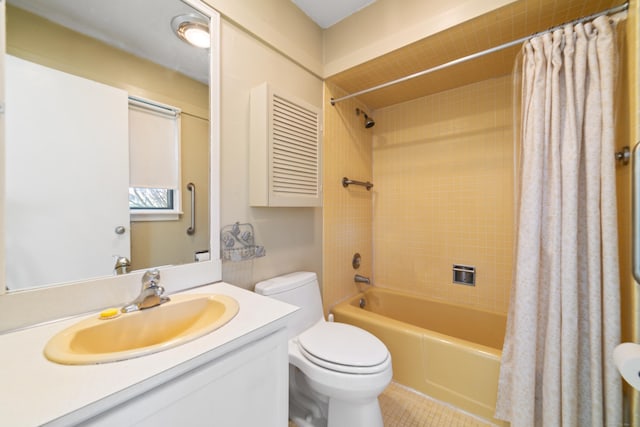 full bathroom featuring tile patterned flooring, vanity, shower / bath combination with curtain, and toilet