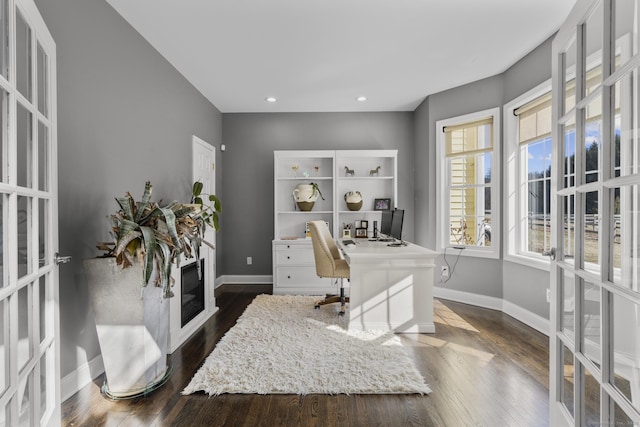 office space featuring french doors, recessed lighting, dark wood finished floors, and baseboards