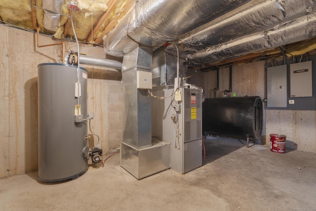 utilities with heating unit, heating fuel, electric panel, and gas water heater