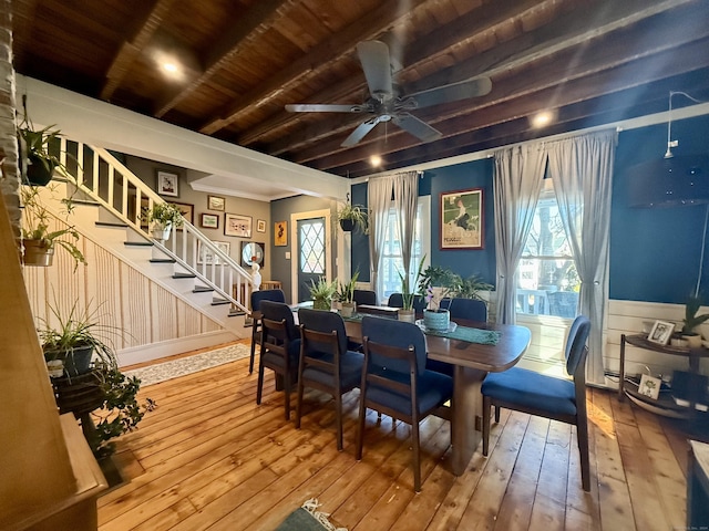 dining area with hardwood / wood-style floors, ceiling fan, beam ceiling, and wooden ceiling