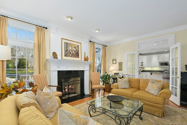 living area featuring ornamental molding, french doors, a fireplace with flush hearth, and wood finished floors