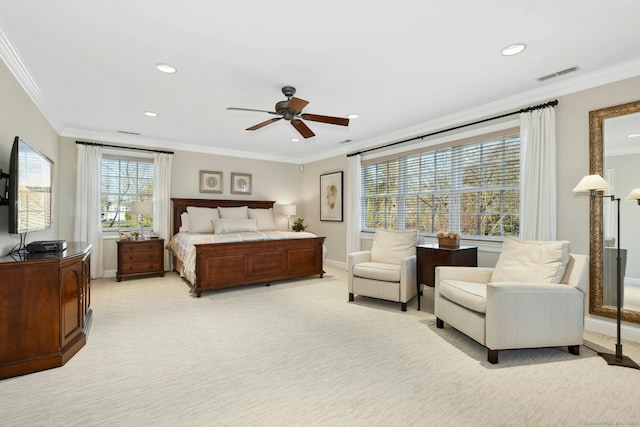 bedroom with light colored carpet, visible vents, crown molding, and recessed lighting