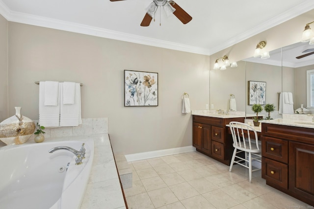 bathroom with a whirlpool tub, a ceiling fan, vanity, and crown molding