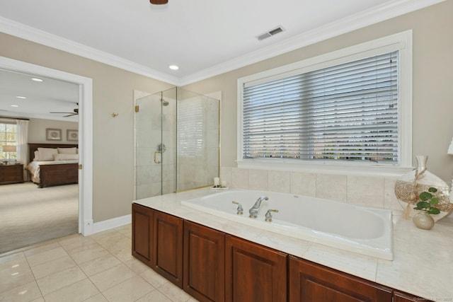 bathroom with ensuite bathroom, a garden tub, visible vents, a stall shower, and crown molding