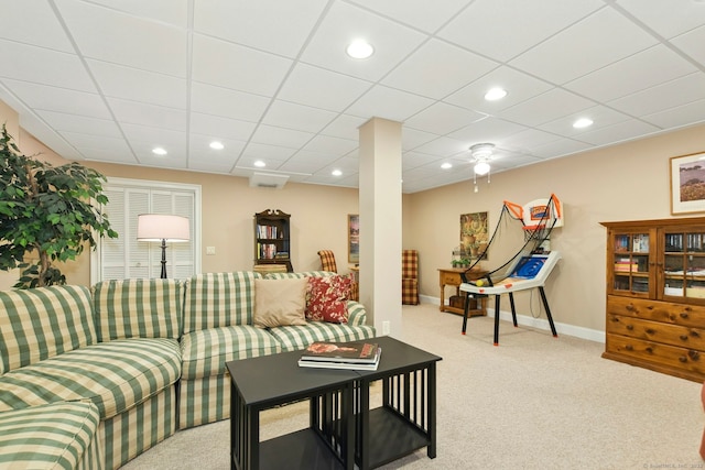 carpeted living room with baseboards and recessed lighting