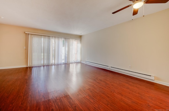 unfurnished room featuring hardwood / wood-style floors, baseboard heating, and ceiling fan