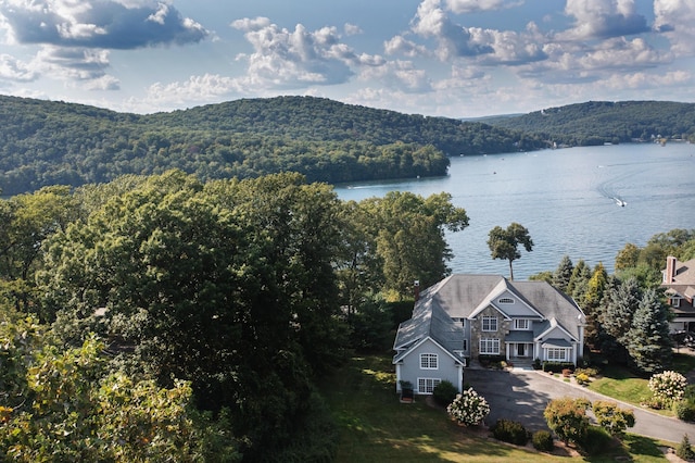 bird's eye view featuring a water view and a wooded view