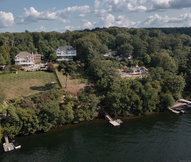 birds eye view of property featuring a view of trees and a water view