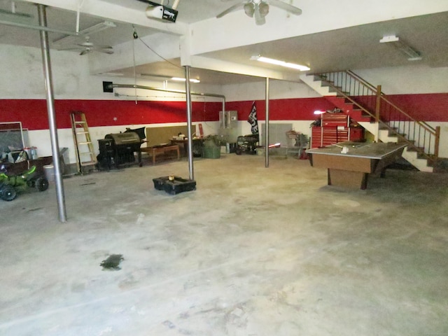 basement featuring pool table and ceiling fan